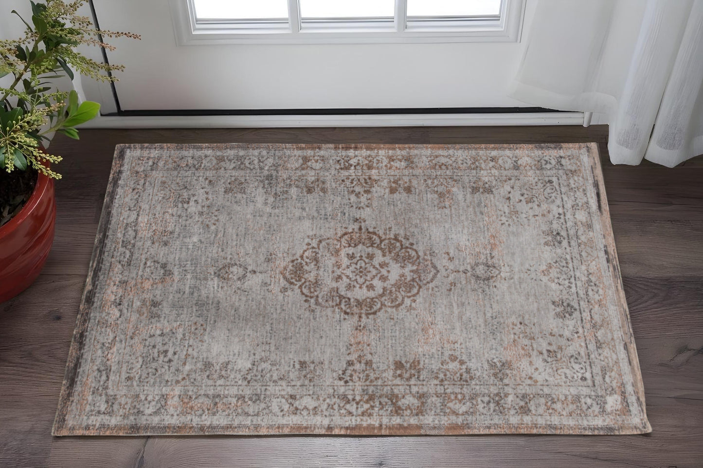 3' X 5' Gray and Beige Medallion Non Skid Area Rug-0