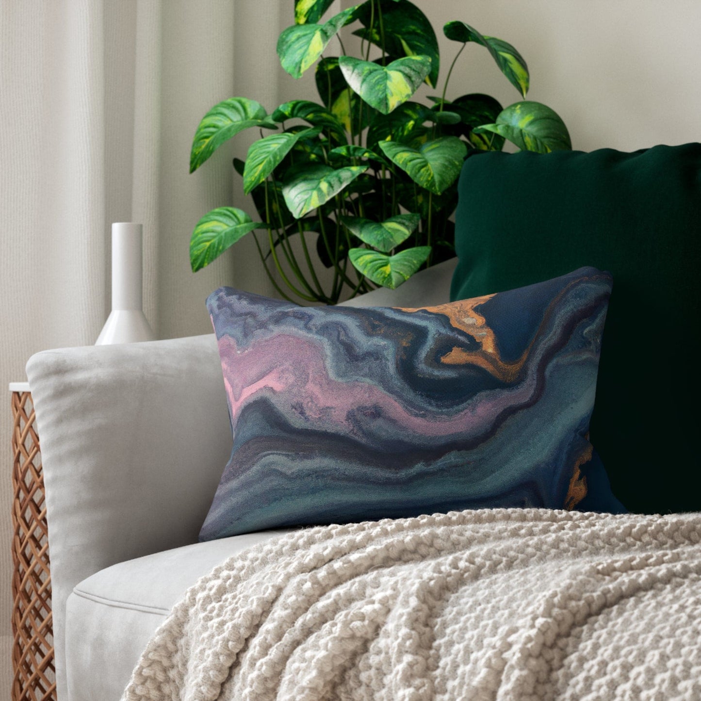 Decorative Lumbar Throw Pillow - Blue Pink Gold Abstract Marble Swirl Pattern-4
