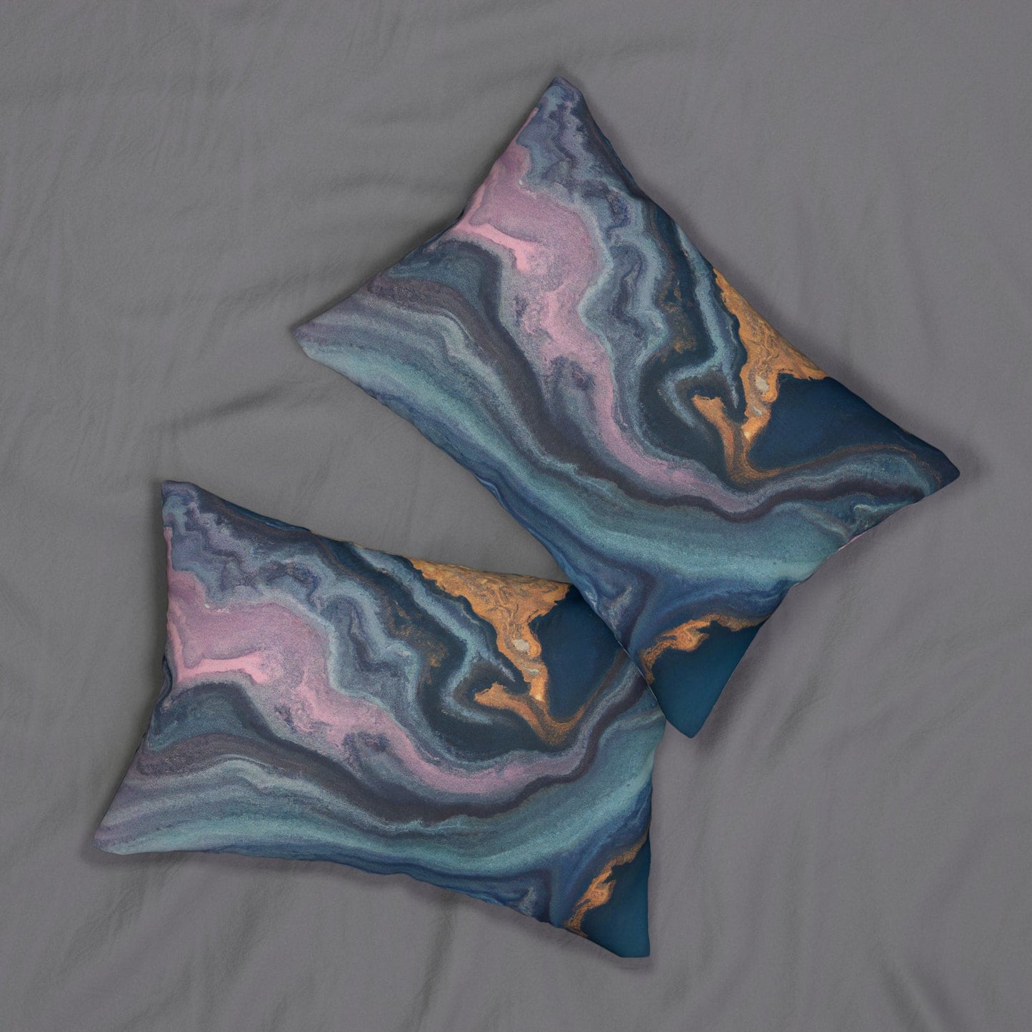 Decorative Lumbar Throw Pillow - Blue Pink Gold Abstract Marble Swirl Pattern-3