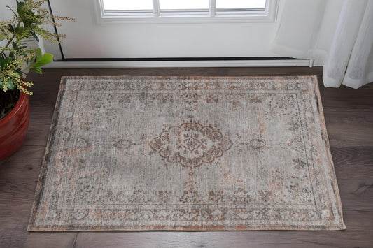 3' X 5' Gray and Beige Medallion Non Skid Area Rug-0