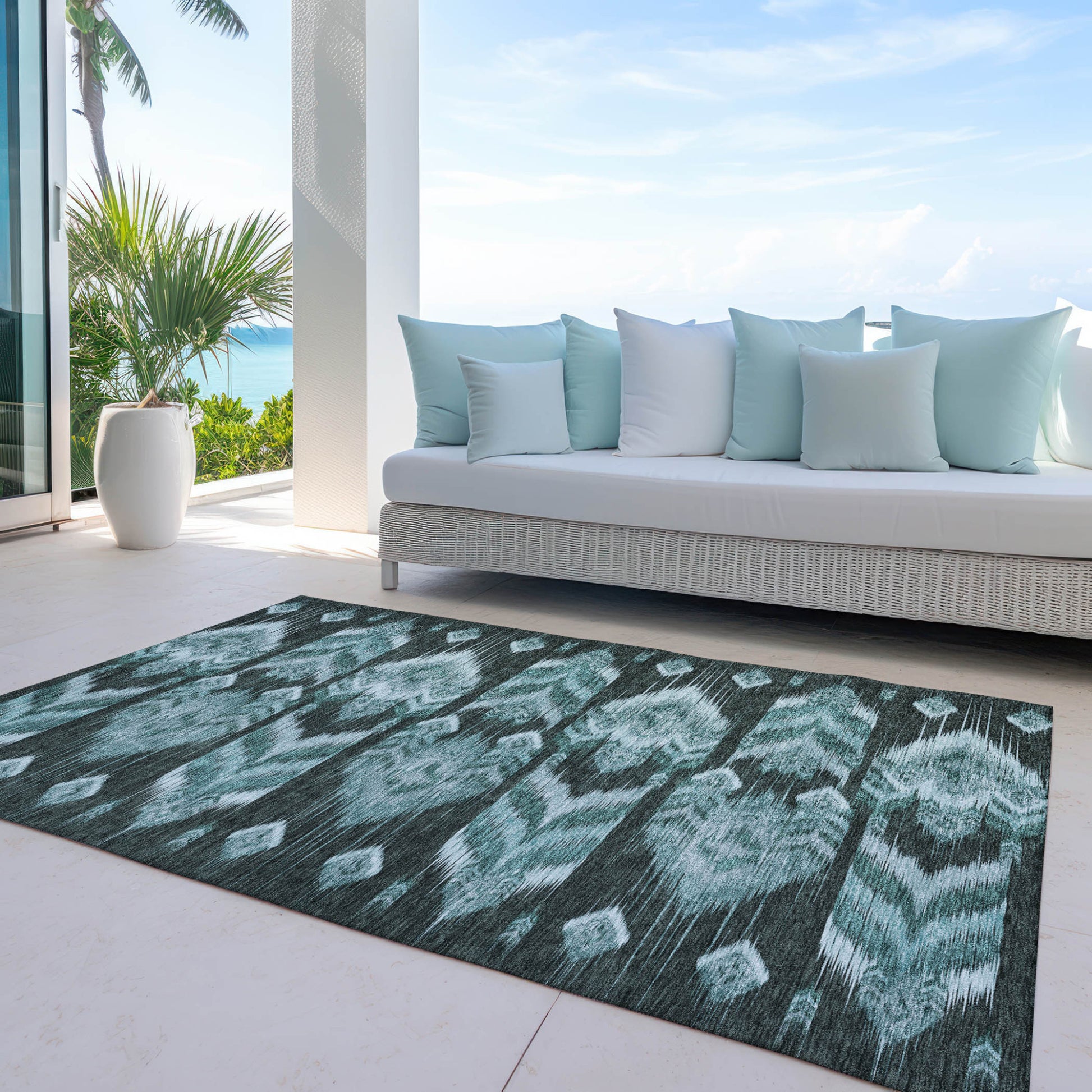 10' X 14' Teal Blue Aqua And Charcoal Southwestern Washable Indoor Outdoor Area Rug-7