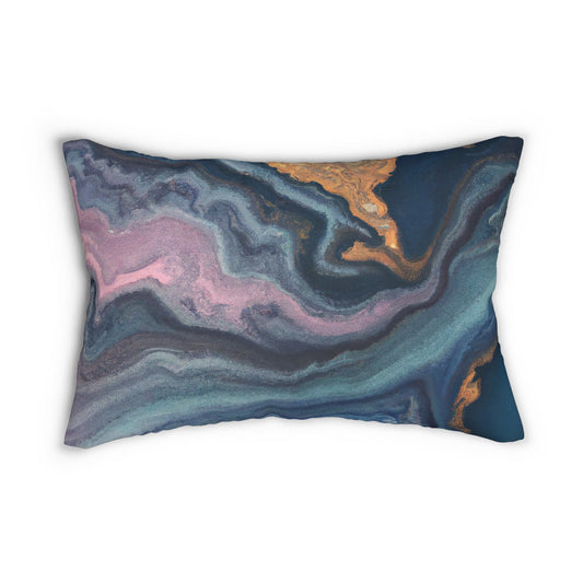Decorative Lumbar Throw Pillow - Blue Pink Gold Abstract Marble Swirl Pattern-0